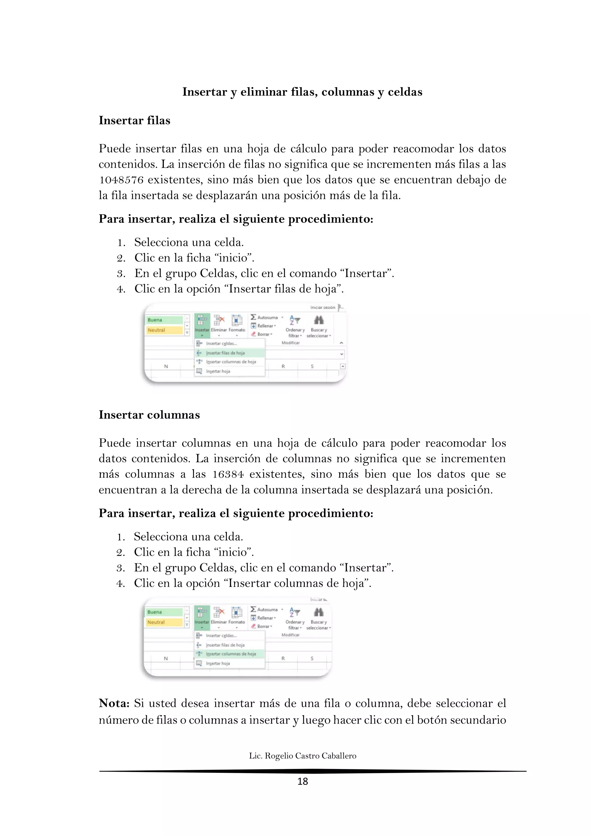 Lic. Rogelio Castro Caballero
18
Insertar y eliminar filas, columnas y celdas
Insertar filas
Puede insertar filas en una hoja de cálculo para poder reacomodar los datos
contenidos. La inserción de filas no significa que se incrementen más filas a las
1048576 existentes, sino más bien que los datos que se encuentran debajo de
la fila insertada se desplazarán una posición más de la fila.
Para insertar, realiza el siguiente procedimiento:
1. Selecciona una celda.
2. Clic en la ficha “inicio”.
3. En el grupo Celdas, clic en el comando “Insertar”.
4. Clic en la opción “Insertar filas de hoja”.
Insertar columnas
Puede insertar columnas en una hoja de cálculo para poder reacomodar los
datos contenidos. La inserción de columnas no significa que se incrementen
más columnas a las 16384 existentes, sino más bien que los datos que se
encuentran a la derecha de la columna insertada se desplazará una posición.
Para insertar, realiza el siguiente procedimiento:
1. Selecciona una celda.
2. Clic en la ficha “inicio”.
3. En el grupo Celdas, clic en el comando “Insertar”.
4. Clic en la opción “Insertar columnas de hoja”.
Nota: Si usted desea insertar más de una fila o columna, debe seleccionar el
número de filas o columnas a insertar y luego hacer clic con el botón secundario
 