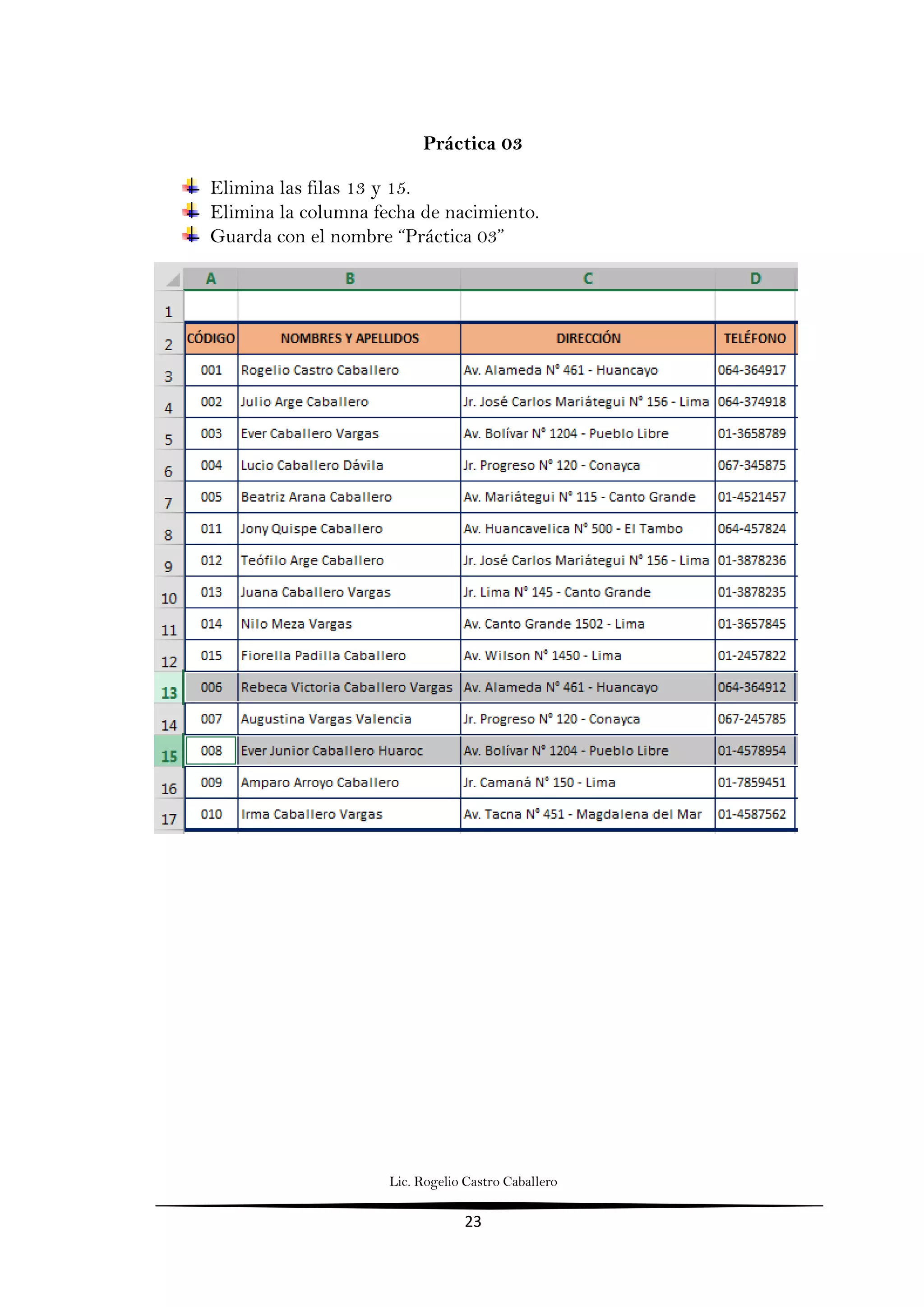 Lic. Rogelio Castro Caballero
23
Práctica 03
Elimina las filas 13 y 15.
Elimina la columna fecha de nacimiento.
Guarda con el nombre “Práctica 03”
 