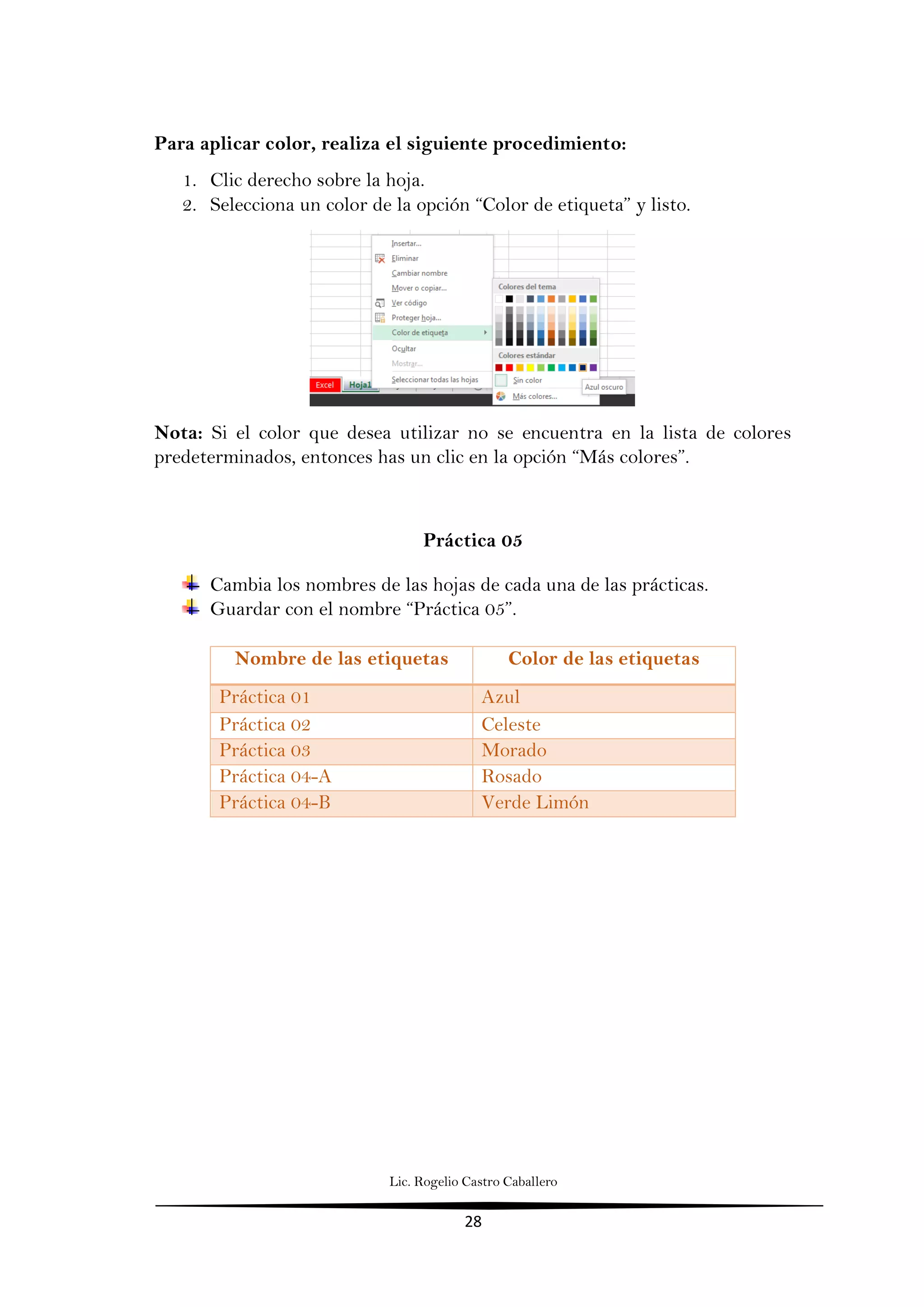 Lic. Rogelio Castro Caballero
28
Para aplicar color, realiza el siguiente procedimiento:
1. Clic derecho sobre la hoja.
2. Selecciona un color de la opción “Color de etiqueta” y listo.
Nota: Si el color que desea utilizar no se encuentra en la lista de colores
predeterminados, entonces has un clic en la opción “Más colores”.
Práctica 05
Cambia los nombres de las hojas de cada una de las prácticas.
Guardar con el nombre “Práctica 05”.
Nombre de las etiquetas Color de las etiquetas
Práctica 01 Azul
Práctica 02 Celeste
Práctica 03 Morado
Práctica 04-A Rosado
Práctica 04-B Verde Limón
 