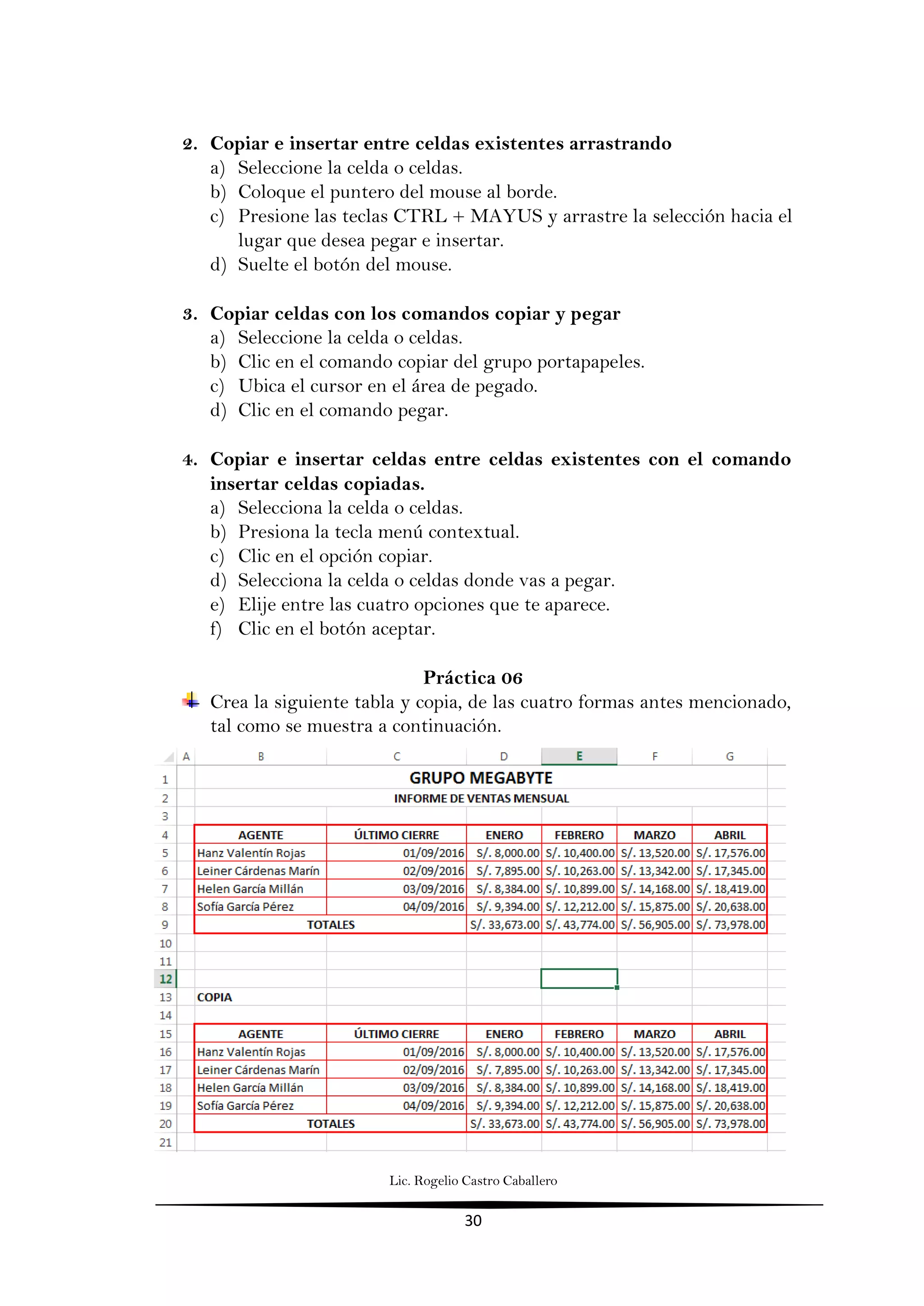 Lic. Rogelio Castro Caballero
30
2. Copiar e insertar entre celdas existentes arrastrando
a) Seleccione la celda o celdas.
b) Coloque el puntero del mouse al borde.
c) Presione las teclas CTRL + MAYUS y arrastre la selección hacia el
lugar que desea pegar e insertar.
d) Suelte el botón del mouse.
3. Copiar celdas con los comandos copiar y pegar
a) Seleccione la celda o celdas.
b) Clic en el comando copiar del grupo portapapeles.
c) Ubica el cursor en el área de pegado.
d) Clic en el comando pegar.
4. Copiar e insertar celdas entre celdas existentes con el comando
insertar celdas copiadas.
a) Selecciona la celda o celdas.
b) Presiona la tecla menú contextual.
c) Clic en el opción copiar.
d) Selecciona la celda o celdas donde vas a pegar.
e) Elije entre las cuatro opciones que te aparece.
f) Clic en el botón aceptar.
Práctica 06
Crea la siguiente tabla y copia, de las cuatro formas antes mencionado,
tal como se muestra a continuación.
 