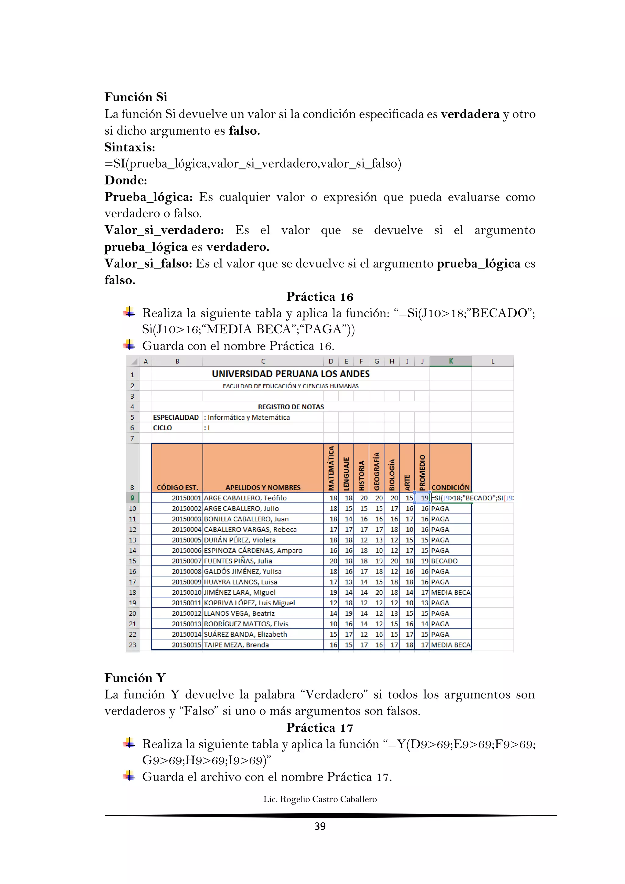 Lic. Rogelio Castro Caballero
39
Función Si
La función Si devuelve un valor si la condición especificada es verdadera y otro
si dicho argumento es falso.
Sintaxis:
=SI(prueba_lógica,valor_si_verdadero,valor_si_falso)
Donde:
Prueba_lógica: Es cualquier valor o expresión que pueda evaluarse como
verdadero o falso.
Valor_si_verdadero: Es el valor que se devuelve si el argumento
prueba_lógica es verdadero.
Valor_si_falso: Es el valor que se devuelve si el argumento prueba_lógica es
falso.
Práctica 16
Realiza la siguiente tabla y aplica la función: “=Si(J10>18;”BECADO”;
Si(J10>16;“MEDIA BECA”;“PAGA”))
Guarda con el nombre Práctica 16.
Función Y
La función Y devuelve la palabra “Verdadero” si todos los argumentos son
verdaderos y “Falso” si uno o más argumentos son falsos.
Práctica 17
Realiza la siguiente tabla y aplica la función “=Y(D9>69;E9>69;F9>69;
G9>69;H9>69;I9>69)”
Guarda el archivo con el nombre Práctica 17.
 