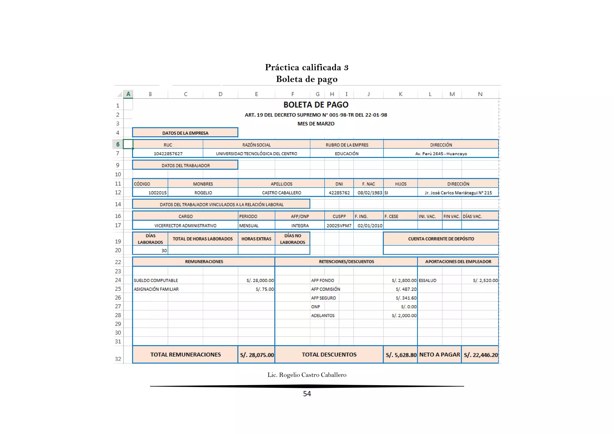 Lic. Rogelio Castro Caballero
54
Práctica calificada 3
Boleta de pago
 
