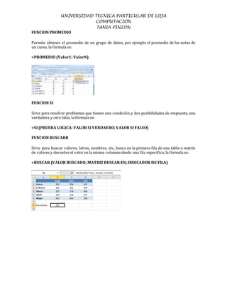 UNIVERSIDAD TECNICA PARTICULAR DE LOJA
COMPUTACION
TANIA PINZON
FUNCION PROMEDIO
Permite obtener el promedio de un grupo de datos, por ejemplo el promedio de las notas de
un curso, la fórmula es:
=PROMEDIO (Valor1: ValorN)
FUNCION SI
Sirve para resolver problemas que tienen una condición y dos posibilidades de respuesta, una
verdadera y otra falsa, la fórmula es:
=SI (PRUEBA LOGICA; VALOR SI VERDAERO; VALOR SI FALSO)
FUNCION BUSCARH
Sirve para buscar valores, letras, nombres, etc, busca en la primera fila de una tabla o matriz
de valores y devuelve el valor en la misma columna desde una fila específica, la fórmula es:
=BUSCAR (VALOR BUSCADO; MATRIZ BUSCAR EN; INDICADOR DE FILA)
 