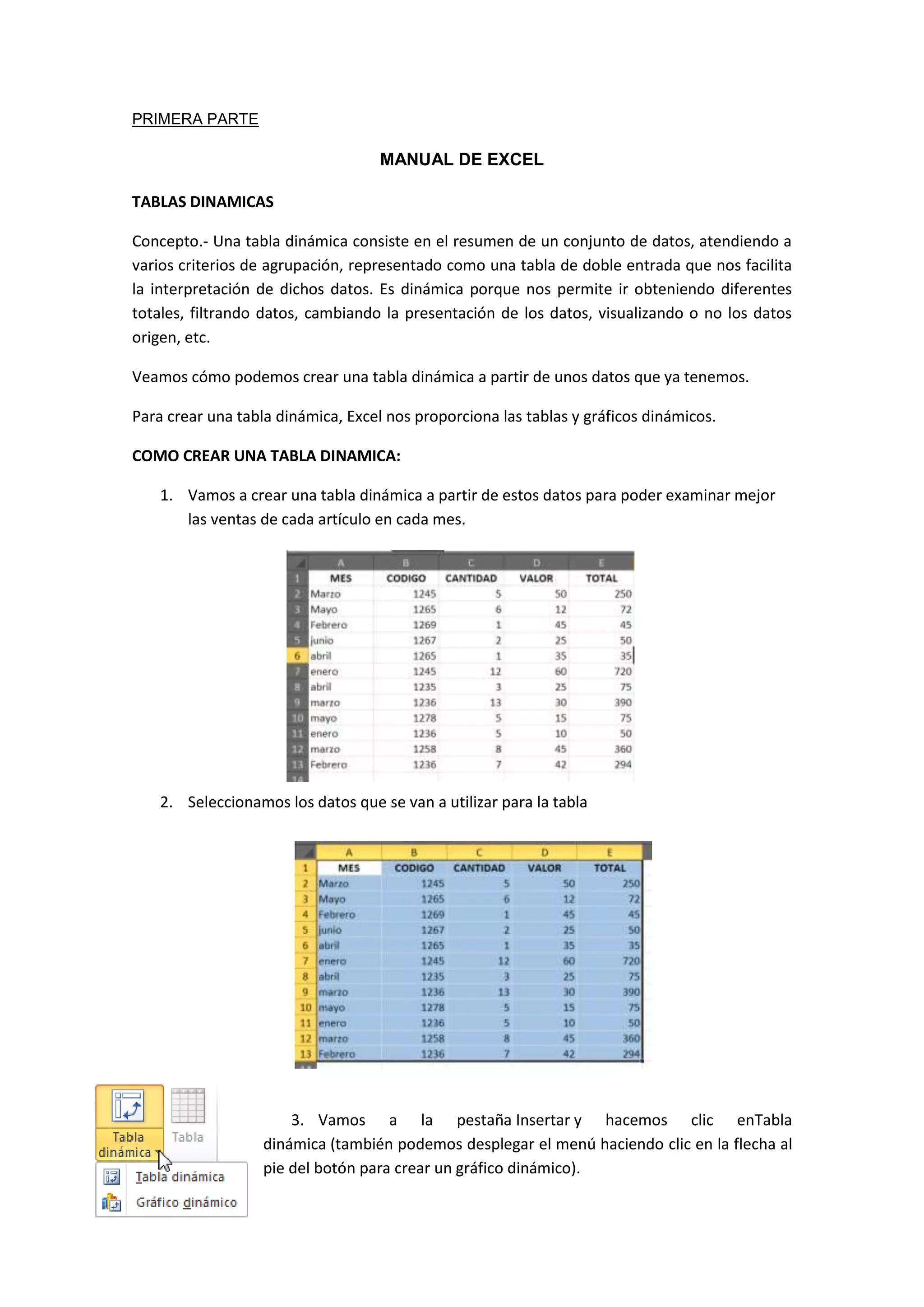 PRIMERA PARTE

MANUAL DE EXCEL
TABLAS DINAMICAS
Concepto.- Una tabla dinámica consiste en el resumen de un conjunto de datos, atendiendo a
varios criterios de agrupación, representado como una tabla de doble entrada que nos facilita
la interpretación de dichos datos. Es dinámica porque nos permite ir obteniendo diferentes
totales, filtrando datos, cambiando la presentación de los datos, visualizando o no los datos
origen, etc.
Veamos cómo podemos crear una tabla dinámica a partir de unos datos que ya tenemos.
Para crear una tabla dinámica, Excel nos proporciona las tablas y gráficos dinámicos.
COMO CREAR UNA TABLA DINAMICA:
1. Vamos a crear una tabla dinámica a partir de estos datos para poder examinar mejor
las ventas de cada artículo en cada mes.

2. Seleccionamos los datos que se van a utilizar para la tabla

3. Vamos a la pestaña Insertar y hacemos clic enTabla
dinámica (también podemos desplegar el menú haciendo clic en la flecha al
pie del botón para crear un gráfico dinámico).

 
