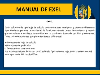 MANUAL DE EXEL
EXCEL
Es un software de tipo hoja de calculo que se usa para manipular y procesar diferentes
tipos de datos, permite una variedad de funciones a través de sus herramientas y menús
que se aplican a los datos contenidos en su cuadricula formada por filas y columnas.
Tiene tres componentes que permiten tareas diferentes:
a) Componente hoja de calculo
b) Componente graficador
c) Componente base de datos
Sus archivos se identifican con una X sobre la figura de una hoja y con la extensión .XIS
forma parte del Microsoft Office.
 