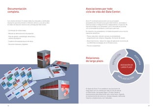 22 23
Aceco TI construyó asociaciones con los principales
proveedores de infraestructura para Data Centers, nacionales e
internacionales y trabaja de forma independiente e imparcial. No
hay exclusividad con el proveedor y él es informado de acuerdo
con la necesidad de proyecto y costo para cada caso.
En relación a los proveedores, el modelo de gestión única trae los
siguientes beneficios:
- Plazos reducidos: relación cercana con proveedores,
programación de compras integradas, formación de stocks.
- Know-how técnico: reduce los riegos de aplicación incorrecta de
las diferentes tecnologías de la infraestructura.
- Precios competitivos
Asociaciones por todo
ciclo de vida del Data Center.
Los clientes de Aceco TI reciben todos los manuales y certificados
necesarios para documentar e informar sobre el curso de la obra
en todas las fases de construcción y entrega del Data Center.
Documentación
completa.
Relaciones
de largo plazo.
- Certificado de conformidad
- Manual de administración de proyectos
- Plan de gestión, metodología, desarrollo y
control de proyecto
- Cuaderno de estandarización de obras
- Versiones impresas y digitales
OPERAC
IÓN
IMPLANTACIÓN
ASOCIACIÓN DE
LARGO PLAZO
A
SESORÍA
El objeto de Aceco TI es establecer una asociación de
largo plazo con sus clientes por todo el ciclo de vida de
un Data Center, que puede llegar a 15 años. Desde el
asesoramiento para determinar qué y cómo hacer, llegando
al mantenimiento del entorno y, tiempos después, definiendo
mejoras o ampliaciones a ser realizadas.
 