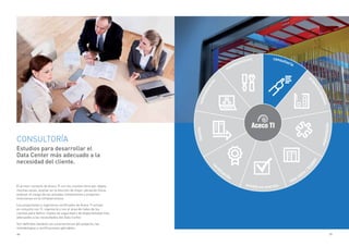 26 27
CONSULTORÍA
Estudios para desarrollar el
Data Center más adecuado a la
necesidad del cliente.
El primer contacto de Aceco TI con los clientes tiene por objeto,
muchas veces, auxiliar en la elección de mejor ubicación física,
analizar el riesgo de las actuales instalaciones y proyectar
inversiones en la infraestructura.
Los proyectistas e ingenieros certificados de Aceco TI actúan
en conjunto con TI, ingeniería y con el área de redes de los
clientes para definir niveles de seguridad y de disponibilidad más
adecuados a las necesidades del Data Center.
Son definidas también las características del proyecto, las
metodologías y certificaciones aplicables.
automatización
mantenimiento consultoría
proyecto/diseños
moving
cer
tiﬁcación
puesta en marcha
sala-cofre
/
DCM
PF
implantación
 