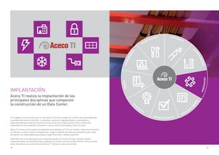 32 33
automatización
mantenimiento consultoría
proyecto/diseños
moving
cer
tiﬁcación
puesta en marcha
sala-cofre
/
DCM
PF
implantación
Aceco TI realiza la implantación de las
principales disciplinas que componen
la construcción de un Data Center.
Por trabajar con soluciones end-to-end, Aceco TI elimina riesgos de conflicto de responsabilidad
y posibles adiciones de contrato. La empresa cuenta con equipos propios, redundantes y
especializados para todo el proceso de construcción de un Data Center y busca soluciones
sostenibles en sus proyectos, teniendo en vista el ahorro de energía y otros recursos.
Aceco TI convoca a los mejores proveedores para atender la TI de sus clientes, evalúa técnicamente
las ofertas, ecualiza costos y competencias, negocia y define los mejores proveedores para cada
disciplina y se responsabiliza por plazos, especificaciones, calidad y garantía.
Todo ello sirve como base para que la empresa pueda, de forma eficiente, ejecutar la obra,
integrando todas las disciplinas que componen la construcción de un Data Center. Conozca ahora
estas disciplinas y las soluciones que Aceco TI utiliza en cada una de ellas.
IMPLANTACIÓN
 