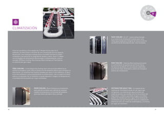 38 39
CLIMATIZACIÓN
Como los servidores y otros equipos de TI disipan mucho calor en el
ambiente, los Data Centers necesitan de una climatización técnica, especial,
de precisión, que mantenga la temperatura y humedad internas en niveles
constantes y que garantice la integridad de equipos y datos. Aceco TI trabaja
con tecnologías de climatización diferenciadas y complementares, como el
concepto 3R (Room Cooling, Row Cooling y Rack Cooling) y el Free Cooling,
en sistemas por gas o agua.
ROOM COOLING - Room Cooling es la climatización
para salas de servidores que, además de mantener
estables la temperatura y la humedad del ambiente,
promueve ahorro de espacio físico y energía.
ROW COOLING - Sistemas Row Cooling promueven
el confinamiento de pasillos de aire frio en fileras
de racks de servidores. Es una solución sostenible,
pues brinda mejor desempeño y ahorro de energía al
sistema de climatización.
RACK COOLING - El LCP - Liquid Cooling Package -
es un sistema de climatización modular para racks.
Utiliza agua helada para refrigerar de manera uniforme
servidores de alta densidad de calor, como los blades.
FREE COOLING - La tecnología Free Cooling tiene como principal diferencial la
eficiencia energética, pues utiliza el propio aire del ambiente externo para refrigerar el
Data Center. Los sistemas Free Cooling utilizados por Aceco TI son indirectos, es decir,
el aire del ambiente no entra directamente en el Data Center, sólo es usado en el área
externa, en drycooler. Así, el ambiente no queda expuesto a riesgos y la temperatura y
a humedad internas pueden ser mejor controladas.
SISTEMAS POR AGUA Y GAS - La mayoría de los
sistemas de climatización puede ser por agua o gas
refrigerante. Los sistemas por agua funcionan por
medio de fancoils, que insuflan aire frío hacia dentro del
Data Center, y chillers, que hielan el agua. Los chillers
pueden ser movidos por aire o agua. Ya los sistemas de
climatización por gas refrigerante hacen la condensación
externa por aire, por medio de condensadoras, y la interna,
por agua, por drycoolers.
automatización
mantenimiento consultoría
proyecto/diseños
moving
cer
tiﬁcación
puesta en marcha
sala-cofre
/
DCM
PF
implantación
 