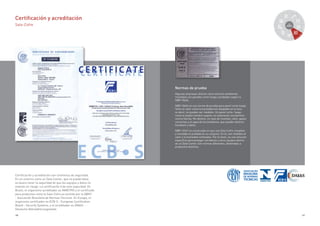 48 49
Certificación y acreditación son sinónimos de seguridad.
En un entorno como un Data Center, que no puede fallar,
es bueno tener la seguridad de que los equipos y datos no
estarán en riesgo. La certificación trae esta seguridad. En
Brasil, el organismo acreditador es INMETRO y el certificado
para productos como la Sala-Cofre es emitido por la ABNT
- Asociación Brasileña de Normas Técnicas. En Europa, el
organismo certificador es ECB-S - European Certification
Board - Security Systems, y el acreditador es DAkkS -
Deutsche Akkreditierungsstelle.
Normas de prueba
Algunas empresas ofrecen como solución ambientes
montados con paredes corta-fuego y probados según la
NBR 10636.
NBR 10636 es una norma de prueba para panel corta-fuego.
Tanto el calor como la humedad son disipados en el aire,
es decir, no pueden ser medidos. Un panel corta- fuego,
como el propio nombre sugiere, es solamente una barrera
contra llamas. No detiene, en caso de incendio, calor, gases
corrosivos y el agua de los bomberos, que pueden destruir
hardware y datos.
NBR 15247 es una prueba en que una Sala-Cofre completa
y montada es probada en su conjunto. En él, son medidos el
calor y la humedad confinados. Por lo tanto, es una solución
específica para proteger servidores y otros equipos dentro
de un Data Center. Son normas diferentes, destinadas a
propósitos distintos.
automatización
mantenimiento consultoría
proyecto/diseños
moving
cer
tiﬁcación
puesta en marcha
sala-cofre
/
DCM
PF
implantación
Certificación y acreditación
Sala-Cofre
 