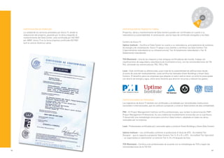 62 63
CERTIFICACIÓN DE SERVICIOS
La calidad de los servicios prestados por Aceco TI, desde la
elaboración del proyecto, pasando por la obra y llegando al
mantenimiento del Data Center, está certificada por ISO 9001
por ABNT. Aceco TI es la única empresa certificada ISO 9001
end-to-end en América Latina.
CERTIFICACIÓN DE PROYECTO Y OBRA
Proyectos, obras y mantenimiento de Data Centers pueden ser certificados en cuanto a su
redundancia y sustentabilidad. A continuación, vea los tipos de certificado otorgados a los Data
CERTIFICACIONES DE PERSONAS
Los Ingenieros de Aceco TI también son certificados y acreditados por renombradas instituciones
nacionales e internacionales, que los califican a proyectar y construir Data Centers de alta confiabilidad:
PMI – El Project Management Institute certifica profesionales, que reciben la denominación PMP -
Project Management Professional. Es una credencial mundialmente reconocida con la cual Aceco
TI desarrolló una metodología única para construir Data Centers, adoptada en todas las obras
realizadas por la empresa.
Leed – Profesionales certificados por Leed están aptos a construir Green Buildings y Green Data Centers.
Uptime Institute – Los certificados confieren al profesional el título de ATD - Accredited Tier
Designer - que lo capacita a proyectar Data Centers Tier II, III o IV; o ATS - Accredited Tier Specialist
- un especialista en administrar un entorno Tier II, III o IV después de listo.
TÜV Rheinland – Certifica a los profesionales de acuerdo con la metodología de TÜV y según las
recomendaciones de la TIA 942.
Centers de Aceco TI:
Uptime Institute – Certifica el Data Center en cuanto a su redundancia, principalmente de sistemas
de energía y de climatización. Aceco TI apoya a sus clientes a certificar sus Data Centers Tier
II (parcialmente redundante en su infraestructura), Tier III (totalmente redundante) o Tier IV
(doblemente redundante).
TÜV Rheinland – Una de las mayores y más antiguas certificadoras del mundo, trabaja con
clasificaciones de seguridad y redundancia de la infraestructura, con las recomendaciones de TIA
942, utilizando las nomenclaturas TR2, TR3 y TR4.
Leed – Este certificado es diferenciado, pues trata de la sostenibilidad de edificaciones desde
el punto de vista del medioambiente. Leed certifica los llamados Green Buildings y Green Data
Centers. El beneficio para las empresas que adoptan el sello Leed es tener un entorno preocupado
con ahorro de energía y agua, entre otros factores que ahorran recursos y reducen los gastos.
automatización
mantenimiento consultoría
proyecto/diseños
moving
cer
tiﬁcación
puesta en marcha
sala-cofre
/
DCM
PF
implantación
 