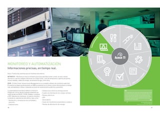 68 69
MONITOREO Y AUTOMATIZACIÓN
Informaciones precisas, en tiempo real.
Aceco TI ofrece dos sistemas para el monitoreo del entorno:
NetWatch – Monitorea en línea la infraestructura física del Data Center y envía, vía red o celular,
alarmas en caso de cualquier alteración en el Data Center, como de temperatura, apertura de puerta,
acceso indebido, caídas de energía, vaciamiento de agua, entre otros.
DCIM – El Data Center Infrastructure Management es un completo software de monitoreo supervisor.
El sistema se integra perfectamente con BMS ya existente en el cliente y envía informaciones en tiempo
real, anticipándose a fallas e indicando acciones de mantenimiento predictivo y preventivo.
La automatización de todo el edificio es hecha en
integración con los demás sistemas existentes por
medio de Bacnet MS/TP, TCP/IP, Modbus, Lonworks
y OPC. Además de monitorear, el sistema controla y
comanda los subsistemas del edificio, tales como:
- Ventilación y climatización de comodidad y
precisión
- Subestaciones
Henrique Rubem Adamczyk
Director de Desarrollo y
Transformación Organizacional, O Boticário
La integración del sistema de monitoreo del Data Center
con el servicio de mantenimiento ofrecido por Aceco TI
que es de excelente calidad, ha contribuido de forma
decisiva para que tengamos condiciones de garantizar
el nivel de seguridad y disponibilidad de toda nuestra
infraestructura tecnológica.
NetWatch DCIM
- Instalaciones eléctricas de baja tensión
- Cuadros de distribución de campos remotos
- Paneles eléctricos
- UPS
- Generadores
- Claves de transferencia automática y estática
- Paneles de distribución de energía
automatización
mantenimiento consultoría
proyecto/diseños
moving
cer
tiﬁcación
puesta en marcha
sala-cofre
/
DCM
PF
implantación
 