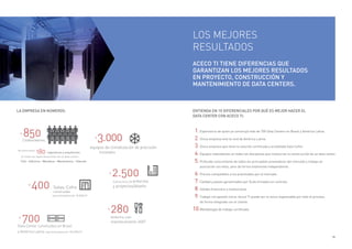 75
ACECO TI TIENE DIFERENCIAS QUE
GARANTIZAN LOS MEJORES RESULTADOS
EN PROYECTO, CONSTRUCCIÓN Y
MANTENIMIENTO DE DATA CENTERS.
ENTIENDA EN 10 DIFERENCIALES POR QUÉ ES MEJOR HACER EL
DATA CENTER CON ACECO TI:
LOS MEJORES
RESULTADOS
LA EMPRESA EN NÚMEROS:
evaluaciones de entornos
y proyectos/diseño
850
400
2.500
Salas-Cofre
construidas
(aproximadamente 18.000m²)
280entorno con
mantenimiento 24X7700
3.000
Data Center construidos en Brasil
y América Latina (aproximadamente 100.000m²)
instalados
+
+
+
+
+
+
Colaboradores,
180
en todas las especializaciones de un data center:
de entre estos
ingenieros y arquitectos
Civil – Eléctrica - Mecánica – Mecatrónica – Telecom
equipos de climatización de precisión
	1.	Experiencia de quien ya construyó más de 700 Data Centers en Brasil y América Latina.
	2.	Única empresa end-to-end de América Latina.
	3.	Única empresa que tiene la solución certificada y acreditada Sala-Cofre.
	4.	Equipos redundantes en todas las disciplinas que involucran la construcción de un data center.
	5.	Profundo conocimiento de todos los principales proveedores del mercado y trabajo en
		 asociación con ellos, pero de forma totalmente independiente.
	6.	Precios compatibles a los practicados por el mercado.
	7.	Calidad y plazos garantizados por SLAs firmados en contrato.
	8.	Solidez financiera e institucional.
	9.	Trabajo con gestión única: Aceco TI puede ser la única responsable por todo el proceso,
		 de forma integrada con el cliente.
10.	Metodología de trabajo certificada.
 