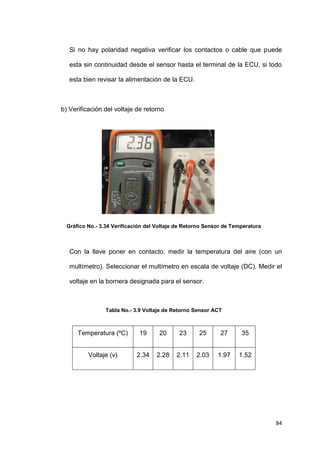 84
Si no hay polaridad negativa verificar los contactos o cable que puede
esta sin continuidad desde el sensor hasta el terminal de la ECU, si todo
esta bien revisar la alimentación de la ECU.
b) Verificación del voltaje de retorno
Gráfico No.- 3.34 Verificación del Voltaje de Retorno Sensor de Temperatura
Con la llave poner en contacto, medir la temperatura del aire (con un
multímetro). Seleccionar el multímetro en escala de voltaje (DC). Medir el
voltaje en la bornera designada para el sensor.
Tabla No.- 3.9 Voltaje de Retorno Sensor ACT
Temperatura (ºC) 19 20 23 25 27 35
Voltaje (v) 2.34 2.28 2.11 2.03 1.97 1.52
 