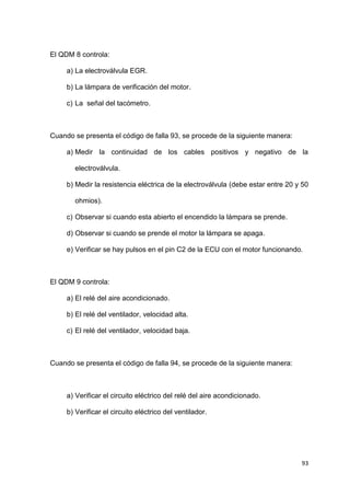 93
El QDM 8 controla:
a) La electroválvula EGR.
b) La lámpara de verificación del motor.
c) La señal del tacómetro.
Cuando se presenta el código de falla 93, se procede de la siguiente manera:
a) Medir la continuidad de los cables positivos y negativo de la
electroválvula.
b) Medir la resistencia eléctrica de la electroválvula (debe estar entre 20 y 50
ohmios).
c) Observar si cuando esta abierto el encendido la lámpara se prende.
d) Observar si cuando se prende el motor la lámpara se apaga.
e) Verificar se hay pulsos en el pin C2 de la ECU con el motor funcionando.
El QDM 9 controla:
a) El relé del aire acondicionado.
b) El relé del ventilador, velocidad alta.
c) El relé del ventilador, velocidad baja.
Cuando se presenta el código de falla 94, se procede de la siguiente manera:
a) Verificar el circuito eléctrico del relé del aire acondicionado.
b) Verificar el circuito eléctrico del ventilador.
 