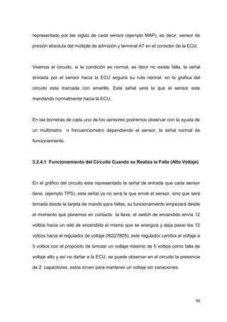 96
representado por las siglas de cada sensor (ejemplo MAP), es decir, sensor de
presión absoluta del múltiple de admisión y terminal A7 en el conector de la ECU.
Veamos el circuito, si la condición es normal, es decir no existe falla, la señal
enviada por el sensor hacia la ECU seguirá su ruta normal, en la grafica del
circuito esta marcada con amarillo. Esta señal será la que el sensor este
mandando normalmente hacia la ECU.
En las borneras de cada uno de los sensores podremos observar con la ayuda de
un multímetro o frecuenciometro dependiendo el sensor, la señal normal de
funcionamiento.
3.2.4.1 Funcionamiento del Circuito Cuando se Realiza la Falla (Alto Voltaje)
En el gráfico del circuito esta representado la señal de entrada que cada sensor
tiene, (ejemplo TPS), esta señal ya no será la que envié el sensor, sino que será
tomada desde la tarjeta de mando para fallas, su funcionamiento empezará desde
el momento que ponemos en contacto la llave, el switch de encendido envía 12
voltios hacia un relé de encendido el mismo que se energiza y deja pasar los 12
voltios hacia el regulador de voltaje (RG27805), este regulador cambia el voltaje a
5 voltios con el propósito de simular un voltaje máximo de 5 voltios como falla de
voltaje alto y así no dañar a la ECU, se puede observar en el circuito la presencia
de 2 capacitores, estos sirven para mantener un voltaje sin variaciones.
 