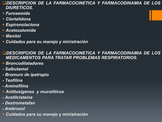 DESCRIPCION DE LA FARMACOCINETICA Y FARMACODINAMIA DE LOS
DIURETICOS.
 Furosemida
 Clortalidona
 Espironolactona
 Acetozalomida
 Manitol
 Cuidados para su manejo y ministración
DESCRIPCION DE LA FARMACOCINETICA Y FARMACODINAMIA DE LOS
MEDICAMENTOS PARA TRATAR PROBLEMAS RESPIRATORIOS.
 Broncodilatadores
- Salbutamol
- Bromuro de ipatropio
- Teofilina
- Aminofilina
 Antitusígenos y mucoliticos
- Acetilcisteina
- Dextrometafan
- Ambroxol
 Cuidados para su manejo y ministración
 