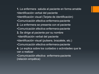 1. La enfermera saluda al paciente en forma amable
•Identificación verbal del paciente
•Identificación visual (Tarjeta de identificación)
•Comunicación efectiva enfermera-paciente
2. La enfermera se presenta con el paciente
•Comunicación efectiva enfermera-paciente
3. Se dirige al paciente por su nombre
•Identificación verbal del paciente
•Identificación visual (pulsera, brazalete, etc.)
•Comunicación efectiva enfermera-paciente
4. Le explica sobre los cuidados o actividades que le
van a realizar
•Comunicación efectiva enfermera-paciente
(relación empática)
 
