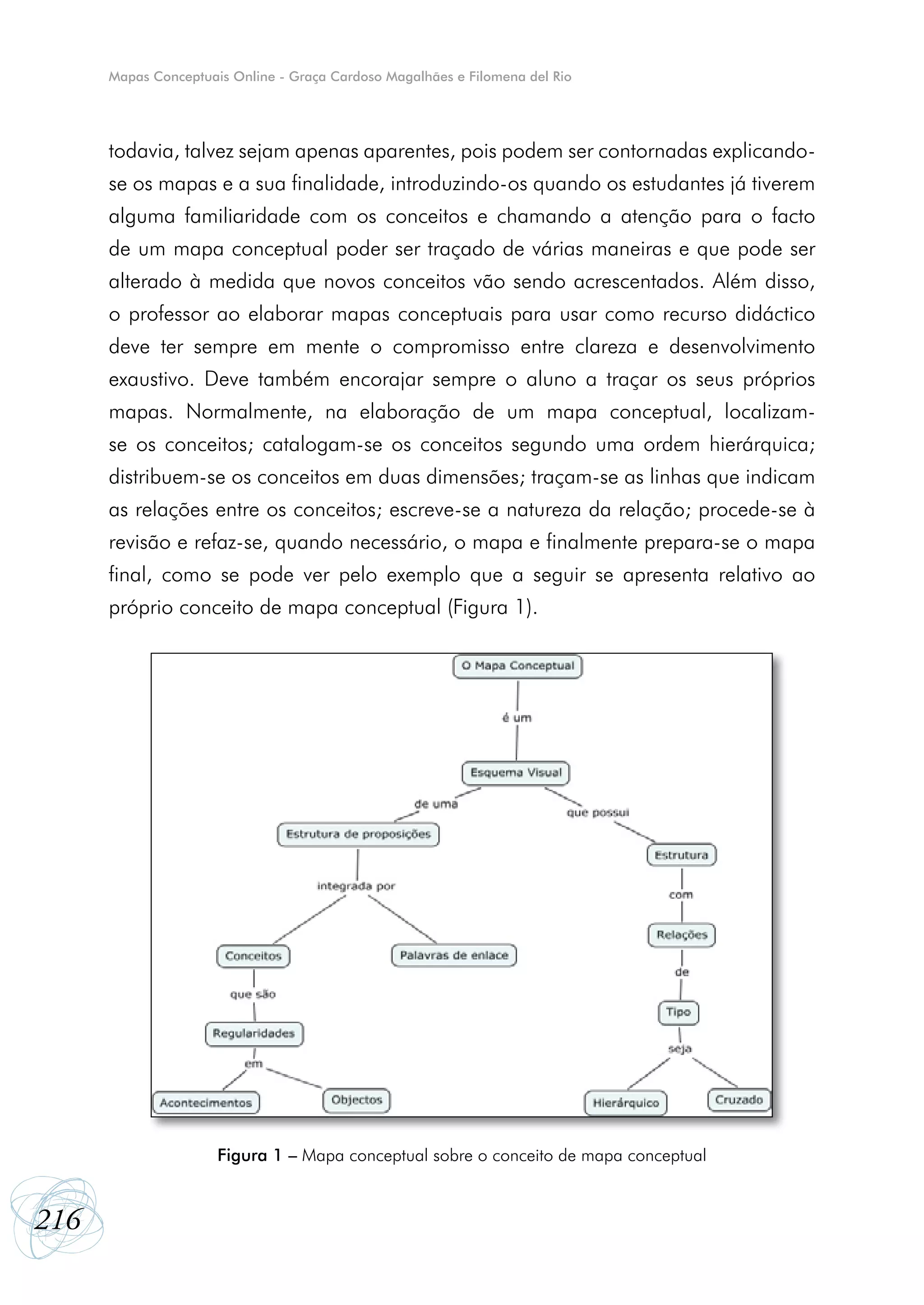 Mapas Conceptuais Online - Graça Cardoso Magalhães e Filomena del Rio




      todavia, talvez sejam apenas aparentes, pois podem ser contornadas explicando-
      se os mapas e a sua finalidade, introduzindo-os quando os estudantes já tiverem
      alguma familiaridade com os conceitos e chamando a atenção para o facto
      de um mapa conceptual poder ser traçado de várias maneiras e que pode ser
      alterado à medida que novos conceitos vão sendo acrescentados. Além disso,
      o professor ao elaborar mapas conceptuais para usar como recurso didáctico
      deve ter sempre em mente o compromisso entre clareza e desenvolvimento
      exaustivo. Deve também encorajar sempre o aluno a traçar os seus próprios
      mapas. Normalmente, na elaboração de um mapa conceptual, localizam-
      se os conceitos; catalogam-se os conceitos segundo uma ordem hierárquica;
      distribuem-se os conceitos em duas dimensões; traçam-se as linhas que indicam
      as relações entre os conceitos; escreve-se a natureza da relação; procede-se à
      revisão e refaz-se, quando necessário, o mapa e finalmente prepara-se o mapa
      final, como se pode ver pelo exemplo que a seguir se apresenta relativo ao
      próprio conceito de mapa conceptual (Figura 1).




                      Figura 1 – Mapa conceptual sobre o conceito de mapa conceptual


216
 