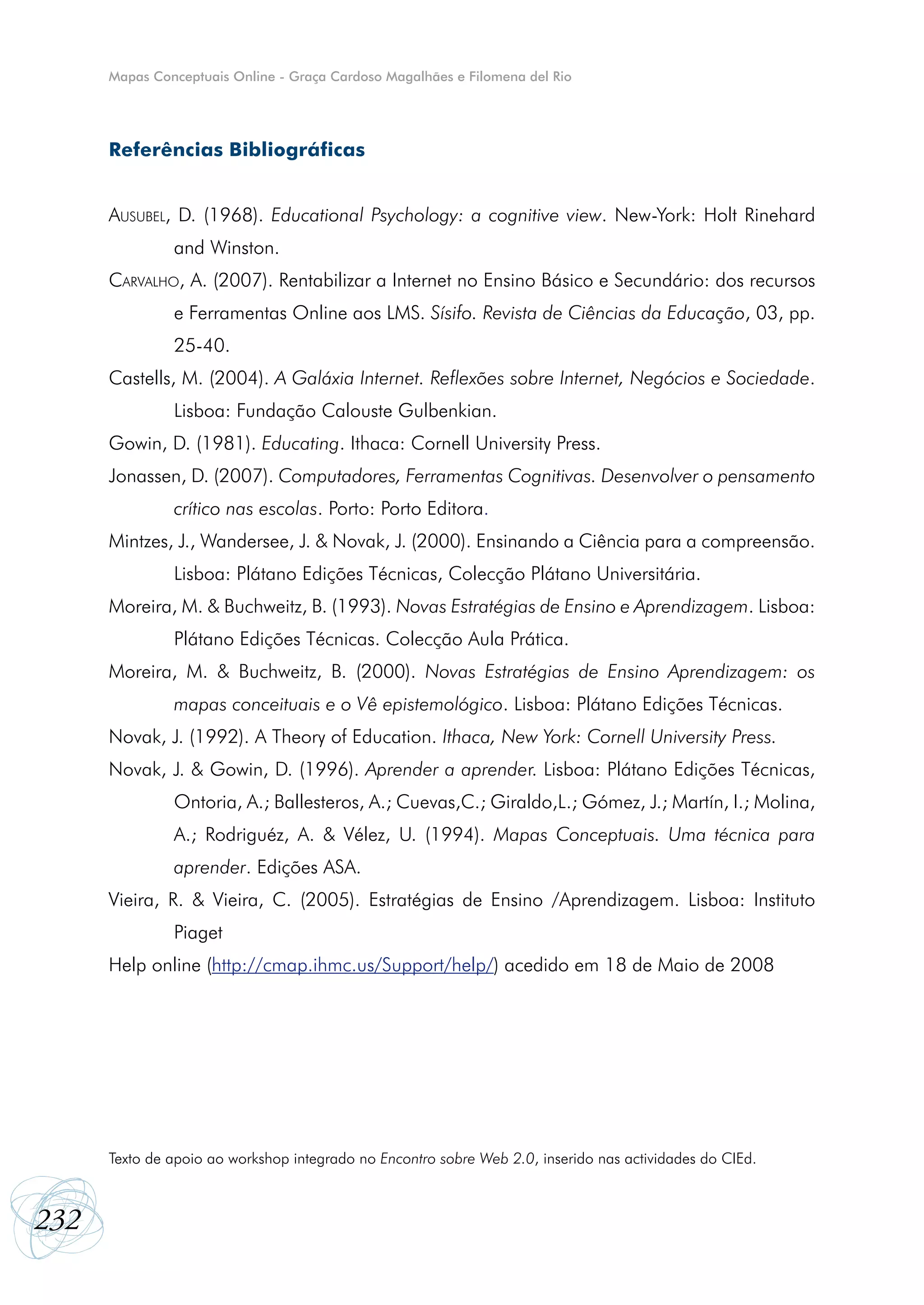 Mapas Conceptuais Online - Graça Cardoso Magalhães e Filomena del Rio




      Referências Bibliográficas


      Ausubel, D. (1968). Educational Psychology: a cognitive view. New-York: Holt Rinehard
               and Winston.
      CArvAlho, A. (2007). Rentabilizar a Internet no Ensino Básico e Secundário: dos recursos
               e Ferramentas Online aos LMS. Sísifo. Revista de Ciências da Educação, 03, pp.
               25-40.
      Castells, M. (2004). A Galáxia Internet. Reflexões sobre Internet, Negócios e Sociedade.
               Lisboa: Fundação Calouste Gulbenkian.
      Gowin, D. (1981). Educating. Ithaca: Cornell University Press.
      Jonassen, D. (2007). Computadores, Ferramentas Cognitivas. Desenvolver o pensamento
               crítico nas escolas. Porto: Porto Editora.
      Mintzes, J., Wandersee, J. & Novak, J. (2000). Ensinando a Ciência para a compreensão.
               Lisboa: Plátano Edições Técnicas, Colecção Plátano Universitária.
      Moreira, M. & Buchweitz, B. (1993). Novas Estratégias de Ensino e Aprendizagem. Lisboa:
               Plátano Edições Técnicas. Colecção Aula Prática.
      Moreira, M. & Buchweitz, B. (2000). Novas Estratégias de Ensino Aprendizagem: os
               mapas conceituais e o Vê epistemológico. Lisboa: Plátano Edições Técnicas.
      Novak, J. (1992). A Theory of Education. Ithaca, New York: Cornell University Press.
      Novak, J. & Gowin, D. (1996). Aprender a aprender. Lisboa: Plátano Edições Técnicas,
               Ontoria, A.; Ballesteros, A.; Cuevas,C.; Giraldo,L.; Gómez, J.; Martín, I.; Molina,
               A.; Rodriguéz, A. & Vélez, U. (1994). Mapas Conceptuais. Uma técnica para
               aprender. Edições ASA.
      Vieira, R. & Vieira, C. (2005). Estratégias de Ensino /Aprendizagem. Lisboa: Instituto
               Piaget
      Help online (http://cmap.ihmc.us/Support/help/) acedido em 18 de Maio de 2008




      Texto de apoio ao workshop integrado no Encontro sobre Web 2.0, inserido nas actividades do CIEd.



232
 
