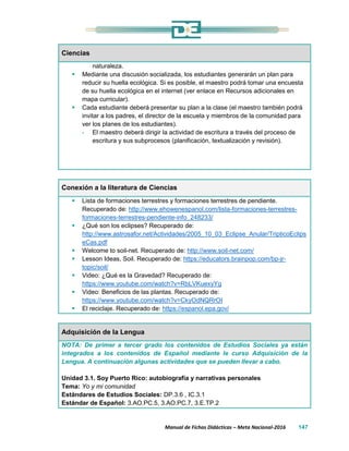 Manual de Fichas Didácticas – Meta Nacional-2016 147
Ciencias
naturaleza.
 Mediante una discusión socializada, los estudiantes generarán un plan para
reducir su huella ecológica. Si es posible, el maestro podrá tomar una encuesta
de su huella ecológica en el internet (ver enlace en Recursos adicionales en
mapa curricular).
 Cada estudiante deberá presentar su plan a la clase (el maestro también podrá
invitar a los padres, el director de la escuela y miembros de la comunidad para
ver los planes de los estudiantes).
- El maestro deberá dirigir la actividad de escritura a través del proceso de
escritura y sus subprocesos (planificación, textualización y revisión).
Conexión a la literatura de Ciencias
 Lista de formaciones terrestres y formaciones terrestres de pendiente.
Recuperado de: http://www.ehowenespanol.com/lista-formaciones-terrestres-
formaciones-terrestres-pendiente-info_248233/
 ¿Qué son los eclipses? Recuperado de:
http://www.astrosafor.net/Actividades/2005_10_03_Eclipse_Anular/TripticoEclips
eCas.pdf
 Welcome to soil-net. Recuperado de: http://www.soil-net.com/
 Lesson Ideas, Soil. Recuperado de: https://educators.brainpop.com/bp-jr-
topic/soil/
 Video: ¿Qué es la Gravedad? Recuperado de:
https://www.youtube.com/watch?v=RbLVKuexyYg
 Video: Beneficios de las plantas. Recuperado de:
https://www.youtube.com/watch?v=CkyOdNQRrOI
 El reciclaje. Recuperado de: https://espanol.epa.gov/
Adquisición de la Lengua
NOTA: De primer a tercer grado los contenidos de Estudios Sociales ya están
integrados a los contenidos de Español mediante le curso Adquisición de la
Lengua. A continuación algunas actividades que se pueden llevar a cabo.
Unidad 3.1. Soy Puerto Rico: autobiografía y narrativas personales
Tema: Yo y mi comunidad
Estándares de Estudios Sociales: DP.3.6 , IC.3.1
Estándar de Español: 3.AO.PC.5, 3.AO.PC.7, 3.E.TP.2
 