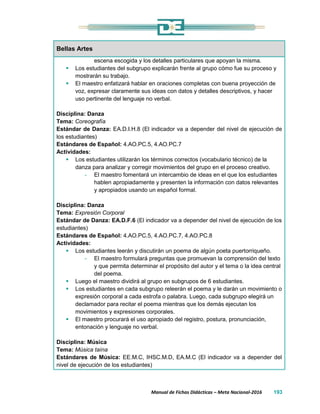 Manual de Fichas Didácticas – Meta Nacional-2016 193
Bellas Artes
escena escogida y los detalles particulares que apoyan la misma.
 Los estudiantes del subgrupo explicarán frente al grupo cómo fue su proceso y
mostrarán su trabajo.
 El maestro enfatizará hablar en oraciones completas con buena proyección de
voz, expresar claramente sus ideas con datos y detalles descriptivos, y hacer
uso pertinente del lenguaje no verbal.
Disciplina: Danza
Tema: Coreografía
Estándar de Danza: EA.D.I.H.8 (El indicador va a depender del nivel de ejecución de
los estudiantes)
Estándares de Español: 4.AO.PC.5, 4.AO.PC.7
Actividades:
 Los estudiantes utilizarán los términos correctos (vocabulario técnico) de la
danza para analizar y corregir movimientos del grupo en el proceso creativo.
- El maestro fomentará un intercambio de ideas en el que los estudiantes
hablen apropiadamente y presenten la información con datos relevantes
y apropiados usando un español formal.
Disciplina: Danza
Tema: Expresión Corporal
Estándar de Danza: EA.D.F.6 (El indicador va a depender del nivel de ejecución de los
estudiantes)
Estándares de Español: 4.AO.PC.5, 4.AO.PC.7, 4.AO.PC.8
Actividades:
 Los estudiantes leerán y discutirán un poema de algún poeta puertorriqueño.
- El maestro formulará preguntas que promuevan la comprensión del texto
y que permita determinar el propósito del autor y el tema o la idea central
del poema.
 Luego el maestro dividirá al grupo en subgrupos de 6 estudiantes.
 Los estudiantes en cada subgrupo releerán el poema y le darán un movimiento o
expresión corporal a cada estrofa o palabra. Luego, cada subgrupo elegirá un
declamador para recitar el poema mientras que los demás ejecutan los
movimientos y expresiones corporales.
 El maestro procurará el uso apropiado del registro, postura, pronunciación,
entonación y lenguaje no verbal.
Disciplina: Música
Tema: Música taína
Estándares de Música: EE.M.C, IHSC.M.D, EA.M.C (El indicador va a depender del
nivel de ejecución de los estudiantes)
 