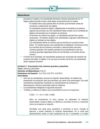 Manual de Fichas Didácticas – Meta Nacional-2016 210
Matemáticas
proveerá el maestro, los estudiantes formarán números grandes de 9 a 12
dígitos seleccionando al azar cada dígito comenzando por la unidad.
- El maestro dirá cuán grande será el número que formarán antes de
comenzar a seleccionar los dígitos.
- Un estudiante sacará el dígito y rápidamente lo escribirá en la pizarra,
seguirá ese proceso con otro estudiante hasta cumplir con la cantidad de
dígitos mencionado por el maestro al comienzo.
- Al terminar de colocar los dígitos, un estudiante colocará las comas
necesarias. El maestro dirigirá a los estudiantes a agrupar sutilmente los
dígitos en familias de tres dígitos.
- Los estudiantes leerán el número que se escribió en la pizarra entre
todos. El maestro guiará a los estudiantes a establecer conexiones entre
los nombres de los números conocidos y desconocidos para leer
números grandes. (El maestro ayudará a los estudiantes a leer los
números grandes dejándose llevar por las familias y el nombre de las
comas.)
 A través de la actividad, los estudiantes pasarán por el proceso de creación de
números de hasta 12 dígitos. A la vez que el número se forma, los estudiantes
serán capaces de leerlo.
Unidad 5.1. Conociendo más números grandes y pequeños
Tema: Números decimales
Estándar de Matemáticas: 5.N.3.1
Estándares de Español: 5.LI.TE.6, 5.E.TP.2, 5.E.PE.4
Actividades:
 Una vez los estudiantes conocen la notación desarrollada, el maestro les
presentará una situación para que escriban una carta a los personajes. Con esta
actividad los estudiantes mostrarán su entendimiento de componer y
descomponer números decimales hasta la milésima.
 Los estudiantes trabajarán la siguiente situación:
 “A María y a Marcos le dijeron que encontrarán el error en el ejercicio:
4.352 = 3 + 0.4 + 0.05 + 0.002
Ellos no encontraron el error porque no entienden la notación
desarrollada. Ayuda a María y a Marcos a encontrar el error y a expresar
cómo se compone la notación.
Escríbele una carta para ayudarlos a encontrar el error, corregir el
ejercicio y poder entender la notación desarrollada. En tu carta has
observaciones sobre el valor posicional de los 4 sumandos y el total,
 