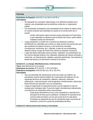 Manual de Fichas Didácticas – Meta Nacional-2016 341
Ciencias
Estándares de Español: 8.AO.PC.5, 8.LI.ICI.9, 8.E.PE.4
Actividades:
 Se repasarán los conceptos relacionados a los diferentes estados de la
materia y las propiedades que los identifican utilizando un organizador
gráfico.
 Los estudiantes investigarán qué propiedades de los sólidos se deben tomar
en cuenta al decidir qué materiales se usarán en la construcción de un
puente.
- Leerán información sobre el primer puente atirantado de Puerto Rico
y qué materiales se utilizaron para el diseño del mismo, podrá utilizar
múltiples fuentes de información.
 Luego prepararán un boceto de un puente que desearían construir,
identificarán los materiales que usarían en cada sección del puente para que
sea resistente al impacto humano y a los fenómenos naturales
(inundaciones, terremotos, etc.). Además, a base de sus propiedades,
deberán indicar el lugar de Puerto Rico dónde es necesario construirlo.
 Luego del diseño del boceto de los puentes, realizarán una presentación de
los mismos dándole énfasis a los materiales utilizados de manera enfocada y
coherente, con descripciones, detalles y ejemplos pertinentes. Se evaluará el
diseño del boceto y la información incluida en el mismo.
Unidad 8.5. La energía: Manifestaciones e interacciones
Tema: Demostraciones de la energía
Estándares de ciencia: EI.F.CF4.CC.1, EI.F.CF4.EM.1
Estándares de Español: 8.AO.PC.8a, 8.LL.TE.4, 8.E.TP.2
Actividades:
 Una vez discutidas las interacciones entre las ondas y la materia, los
estudiantes crearán trípticos (folleto de 3 secciones) informativos con los
siguientes términos de vocabulario: reflexión, refracción, difracción,
polarización, onda transversal, onda longitudinal, transformación y absorción.
Estos términos los discutirán con sus compañeros.
 Luego se organizarán en pequeños grupos y se les asignará un tipo de
energía para investigar sobre “trucos de magia” (simulaciones) relacionados
a los términos de vocabulario antes mencionados.
- Cada grupo demostrará su truco a los compañeros y describirá los
principios de la física que lo justifiquen. Analizarán la importancia de
conocer estos principios y el uso que se les da en la vida diaria.
- El maestro se asegurará de que los estudiantes sigan el proceso de
redacción y tomen en cuenta las propiedades del texto.
Unidad 8.6. Interacciones entre fuerza y movimiento
 
