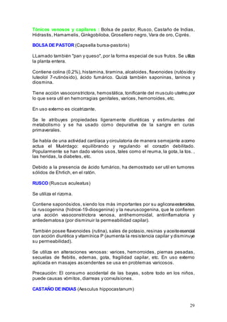 29
Tónicos venosos y capilares : Bolsa de pastor, Rusco, Castaño de Indias,
Hidrastis, Hamamelis, Ginkgobiloba, Grosellero negro, Vara de oro, Ciprés.
BOLSA DE PASTOR (Capsella bursa-pastoris)
LLamado también "pan y queso", por la forma especial de sus frutos. Se utiliza
la planta entera.
Contiene colina (0,2%), histamina, tiramina, alcaloides, flavonoides (rutósidoy
luteolol 7-rutinósido), ácido fumárico. Quizá también saponinas, taninos y
diosmina.
Tiene acción vasoconstrictora, hemostática, tonificante del musculo uterino,por
lo que sera util en hemorragias genitales, varices, hemorroides, etc.
En uso externo es cicatrizante.
Se le atribuyes propiedades ligeramente diuréticas y estimulantes del
metabolismo y se ha usado como depurativa de la sangre en curas
primaverales.
Se habla de una actividad cardíaca y circulatoria de manera semejante acomo
actua el Muérdago: equilibrando y regulando el corazón debilitado.
Popularmente se han dado varios usos, tales como el reuma, la gota, la tos. ,
las heridas, la diabetes, etc.
Debido a la presencia de ácido fumárico, ha demostrado ser util en tumores
sólidos de Ehrlich, en el ratón.
RUSCO (Ruscus aculeatus)
Se utiliza el rizoma.
Contiene saponósidos, siendo los más importantes por su agliconaesteroidea,
la ruscogenina (hidroxi-19-diosgenina) y la neuruscogenina, que le confieren
una acción vasoconstrictora venosa, antihemorroidal, antiinflamatoria y
antiedematosa (por disminuir la permeabilidad capilar).
También posee flavonoides (rutina), sales de potasio, resinas y aceiteesencial
con acción diurética y vitamínica P (aumenta la resistencia capilar y disminuye
su permeabilidad).
Se utiliza en alteraciones venosas: varices, hemorroides, piernas pesadas,
secuelas de flebitis, edemas, gota, fragilidad capilar, etc. En uso externo
aplicada en masajes ascendentes se usa en problemas varicosos.
Precaución: El consumo accidental de las bayas, sobre todo en los niños,
puede causas vómitos, diarreas y convulsiones.
CASTAÑO DE INDIAS (Aesculus hippocastanum)
 