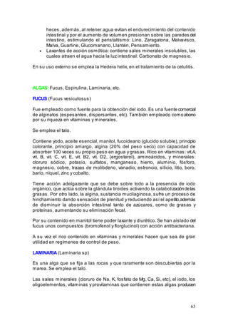 63
heces, además, al retener agua evitan el endurecimiento del contenido
intestinal y por el aumento de volumen presionan sobre las paredes del
intestino, estimulando el peristaltismo: Lino, Zaragatona, Malvavisco,
Malva, Guarline, Glucomanano, Llantén, Pensamiento.
• Laxantes de acción osmótica: contiene sales minerales insolubles, las
cuales atraen el agua hacia la luz intestinal: Carbonato de magnesio.
En su uso externo se emplea la Hedera helix, en el tratamiento de la celulitis.
ALGAS: Fucus, Espirulina, Laminaria, etc.
FUCUS (Fucus vesiculosus)
Fue empleado como fuente para la obtención del iodo. Es una fuente comercial
de alginatos (espesantes, dispersantes, etc). También empleado comoabono
por su riqueza en vitaminas y minerales.
Se emplea el talo.
Contiene yodo, aceite esencial, manitol, fucoideano (glucido soluble), principio
colorante, principio amargo, algina (20% del peso seco) con capacidad de
absorber 100 veces su propio peso en agua y grasas. Rico en vitaminas: vit.A,
vit. B, vit. C, vit. E, vit. B2, vit. D2, (ergosterol), aminoácidos, y minerales:
cloruro sódico, potasio, sulfatos, manganeso, hierro, aluminio, fósforo,
magnesio, cobre, trazas de molibdeno, vanadio, estroncio, silicio, litio, boro,
bario, níquel, zinc y cobalto.
Tiene acción adelgazante que se debe sobre todo a la presencia de iodo
orgánico, que actúa sobre la glándula tiroides activando la catabolizacióndelas
grasas. Por otro lado, la algina, sustancia mucilaginosa, sufre un proceso de
hinchamiento dando sensación de plenitud y reduciendo así el apetito,además
de disminuir la absorción intestinal tanto de azúcares, como de grasas y
proteínas, aumentando su eliminación fecal.
Por su contenido en manitol tiene poder laxante y diurético. Se han aislado del
fucus unos compuestos (bromofenol y florglucinol) con acción antibacteriana.
A su vez el rico contenido en vitaminas y minerales hacen que sea de gran
utilidad en regímenes de control de peso.
LAMINARIA (Laminaria sp)
Es una alga que se fija a las rocas y que raramente son descubiertas por la
marea. Se emplea el talo.
Las sales minerales (cloruro de Na, K, fosfato de Mg, Ca, Si, etc), el iodo, los
oligoelementos, vitaminas y provitaminas que contienen estas algas producen
 
