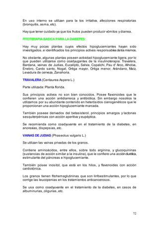 72
En uso interno se utilizan para la tos irritativa, afecciones respiratorias
(bronquitis, asma, etc).
Hay que tener cuidado ya que los frutos pueden producir vómitos y diarrea.
FITOTERAPIA BASICA PARA LA DIABETES:
Hay muy pocas plantas cuyos efectos hipoglucemiantes hayan sido
investigados, e identificados los principios activos responsables delos mismos.
No obstante, algunas plantas poseen actividad hipoglucemiante ligera, por lo
que pueden utilizarse como coadyugantes de la insulinoterapia: Travalera,
Bardana, vainas de Judias, Eucalipto, Salvia, Copalchi, Pau d' Arco, Alholva,
Enebro, Cardo santo, Nogal, Ortiga mayor, Ortiga menor, Arándano, Maíz,
Levadura de cerveza, Zanahoria.
TRAVALERA (Centaurea Aspera L.)
Parte utilizada: Planta florida.
Sus principios activos no son bien conocidos. Posee flavonoides que le
confieren una acción antidiarreica y antibiótica. Sin embargo nosotros la
utilizamos por su abundante contenido en heterósidos cianogenéticos que le
proporcionan una acción hipoglucemiante marcada.
También poseee derivados del betasisterol, principios amargos y lactonas
sesquiterpénicas con acción aperitiva y eupéptica.
Se recomienda como coadyuvante en el tratamiento de la diabetes, en
anorexias, dispepsias, etc.
VAINAS DE JUDIAS (Phaseolus vulgaris L.)
Se utilizan las vainas privadas de los granos.
Contiene aminoácidos, entre ellos, sobre todo arginina, y glucoquininas
(sustancias de acción similar a la insulina), que le confiere una accióndiurética,
estimulante del páncreas e hipoglucemiante.
También posee inositol, que está en los hilos, y flavonoides con acción
cardiotónica.
Los granos tienen fitohemaglutininas que son linfoestimulantes, por lo que
corrige las leucopenias en los tratamientos anticancerosos.
Se usa como coadyuvante en el tratamiento de la diabetes, en casos de
albuminurias, oligurias, etc.
 