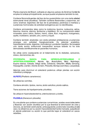74
Planta originaria del Brasil, cultivada en algunos países de América Central.Se
emplea la corteza principalmente, aunque puede emplearse también la raíz.
Contiene fitoconstituyentes del tipo de los guaianólidos con una cierta actividad
estimulante renal (diurética). También contiene flavonoides y saponinas, así
como enzimas digestivos del tipo de la peroxidasa, pectinasa e invertasa y
sustancias hormonales de actividad estrogénica aún no identificadas.
Contiene aminoácidos tales como la metionina, leucina, isoleucina, valina,
treonina, tirosina, alanina, fenilanina y triptófano. En su composición exiten
minerales como calcio, fósforo, hierro, cobre, flúor, magnesio, manganeso,
azufre, molibdeno, vanadio, zinc, cromo y niquel.
Contiene también alcaloides con cierta actividad antidepresiva y sustancias
amargas con actividad hipoglucemiante. Es además anabólico,
hipocolesteromiante, digestivo, normotensor y protector hepático. Se lesupone
una cierta acción antitumoral inespecífica aunque todavía no ha sido
demostrada científicamente en pacientes humanos.
Se utiliza como coadyuvante en el tratamiento de la diabetes, cansancio,
stress, dismenorrea, etc.
FITOTERAPIA BASICA PARA HIPERCOLESTEROLEMIAS E
HIPERTRIGLICERIDEMIAS: Alpiste, Ajo, Alcachofera, Maíz, Muérdago,
Espino blanco, Cebolla, Ortiga verde, Celidonia, Ortosifón, Alfalfa, Ginseng,
Harpagofito, Llanten, Diente de león, Pilosella, Borraja (semillas), Lespedeza.
Además para disminuir el colesterol podemos utilizar plantas con acción
colerética y colagoga.
ALPISTE (Phallaris canariensis)
Se utiliza las semillas.
Contiene almidón, lípidos, resina, ácido salicílico y ácido oxálico.
Tiene acciones de hipolipemiante y diurético.
Se utiliza en hipercolesterolemia, arteriosclerosis y cistitis.
PILOSELA (Hieracium pilosella)
Es una planta que contiene sustancias cumarínicas, aceites esenciales,tanino
y flavonas con acción diurética por lo que favorece la eliminación de urea y
cloruros, es también estimulante, anticoagulante y sobre todo nosotros,eneste
caso, la utilizamos por su acción hipocolesterolemiante marcada, quejuntocon
el alpiste potencian su acción lo que permite bajar el colesterol en casos
rebeldes.
 