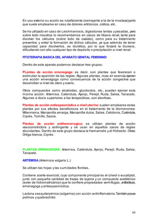 89
En uso externo su acción es rubefaciente (semejante a la de la mostaza)porlo
que suele emplearse en caso de dolores artrósicos, ciática, etc.
Se ha utilizado en caso de Leishmaniosis, digestiones lentas y pesadas, pero
sobre todo nosotros lo recomendamos en casos de litiasis renal, tanto para
disolver los cálculos (sobre todo de oxalato), como para su tratamiento
preventivo y evitar la formación de dichos cálculos, ya que además de tener
capacidad para disolverlos, es diurético, por lo que forzará la diuresis,
dificultando con ello cualquier tipo de depósito o precipitación a nivel renal.
FITOTERAPIA BASICA DEL APARATO GENITAL FEMENINO
Dentro de este aparato podemos destacar tres grupos:
PLantas de acción emenagoga: es decir, son plantas que favorecen o
estimulan la aparición de las reglas. Algunas plantas, ricas en esencia,ejercen
una acción emenagoga como consecuencia de la acción congestiva que
desarrollan a nivel de útero y ovario.
Otros compuestos como alcaloides, glucósidos, etc., pueden ejercer esta
misma acción: Artemisa, Calendula, Ajenjo, Perejil, Ruda, Salvia, Tanaceto.
Algunas a dosis superiores a las terapeúticas, son abortivas.
Plantas de acción antiespasmódica a nivel uterino: suelen emplearse estas
plantas por sus efectos beneficiosos en el tratamiento de la dismenorrea:
Milenrrama, Manzanilla amarga, Manzanilla dulce, Salvia, Celidonia, Caléndula,
Ciprés, Tomillo, Saúce.
Plantas de acción antihemorragica: se utilizan plantas de acción
vasoconstrictora y astringente y se usan en aquellos casos de reglas
abundantes. Dentro de este grupo destaca la Hamamelis y el Hidrastis. Otras:
Ortiga blanca, Ciprés.
PLANTAS EMENAGOGAS: Artemisa, Caléndula, Ajenjo, Perejil, Ruda, Salvia,
Tanaceto.
ARTEMISA (Artemisia vulgaris L.)
Se utilizan las hojas y las sumidades floridas.
Contiene aceite esencial, cuyo componente principal es el cineol o eucaliptol,
junto con pequeña cantidad de trazas de tuyona y un compuesto acetilénico
(ester de hidromatricárico) que le confiere propiedades vermífugas, antibióticas,
emenagoga y antiespasmódica.
Lactona sesquiterpénica (vulgarina) con acción antiinflamatoria.Tambiénposee
poliinos y quebrachitol.
 