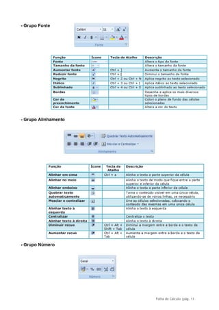 Folha de Cálculo |pág. 11
- Grupo Fonte
- Grupo Alinhamento
- Grupo Número
 