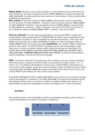 Folha de Cálculo
Folha de Cálculo |pág. 140
Matriz_tabela: São duas ou mais colunas de dados. Use uma referência para um intervalo ou um
nome de intervalo. Os valores na primeira coluna de matriz_tabela são os valores procurados por
valor_procurado. Os valores podem ser texto, números ou valores lógicos. Textos em maiúsculas e
minúsculas são equivalentes.
Núm_coluna: O número da coluna em matriz_tabela a partir do qual o valor correspondente
deve ser retornado. Um núm_coluna de 1 retornará o valor na primeira coluna em matriz_tabela;
um núm_coluna de 2 retornará o valor na segunda coluna em matriz_tabela, e assim por diante.
Se núm_coluna for: menor que 1, PROCV retornará o valor de erro #VALOR!. Se for maior do
que o número de colunas em matriz_tabela, PROCV retornará o valor de erro #REF!.
Procurar_intervalo: Um valor lógico que especifica se você quer que PROCV localize uma
correspondência exata ou aproximada. Se VERDADEIRO ou omitido, uma correspondência exata
ou aproximada é retornada. Se uma correspondência exata não for localizada, o valor maior mais
próximo que seja menor que o valor_procurado é retornado. Os valores na primeira coluna de
matriz_tabela deverão ser colocados em ordem ascendente; caso contrário, PROCV poderá não
retornar o valor correto. Se FALSO, PROCV encontrará somente uma correspondência exata.
Nesse caso, os valores na primeira coluna da matriz_tabela não precisam ser classificados. Se
houver dois ou mais valores na primeira coluna de matriz_tabela que coincidem com o
valor_procurado, o primeiro valor encontrado será utilizado. Se nenhuma correspondência
exata for localizada, o valor de erro #N/D será retornado.
OBS.: Ao procurar valores de texto na primeira coluna, certifique-se de que os dados na primeira
não tenham espaços à esquerda ou de fim de linha, uso inconsistente de aspas normais ( ' ou " ) e
curvas (‘ ou “) ou caracteres não-imprimíveis. Nesses casos, a função PROCV pode fornecer um
valor correto ou não esperado. Ao procurar valores de número ou data, certifique-se de que os dados
na primeira coluna da matriz_tabela não estejam armazenados como valores de texto. Nesse caso,
a função PROCV pode fornecer um valor correto ou não esperado.
Se procurar_intervalo for FALSO e valor_procurado for texto, pode-se usar os caracteres curinga
ponto de interrogação (?) e asterisco (*) em valor_procurado. Um ponto de interrogação coincide
com qualquer caractere único; um asterisco coincide com qualquer seqüência de caracteres. Se
quiser localizar um ponto de interrogação ou asterisco real, digite um til (~) antes do caractere.
Exemplo 1
Este exemplo procura a coluna Densidade da tabela de propriedades atmosféricas para localizar os
valores correspondentes nas colunas Viscosidade e Temperatura.
A B C
1
Densidade Viscosidade Temperatura
 