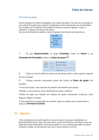 Folha de Cálculo
Folha de Cálculo |pág. 181
20.6 Caixa de grupo
Caixas de grupo são objetos retangulares com rótulos opcionais. Use uma caixa de grupo ou
um controle de quadro para organizar visualmente os itens relacionados em um formulário.
Por exemplo, em um aplicativo de pedidos de clientes, é possível agrupar o nome, o
endereço e o número da conta de um cliente.
Ou, em um formulário de pedido, é possível agrupar uma lista de itens disponíveis.
1. Na guia Desenvolvedor, no grupo Controles, clique em Inserir e, em
Controles de Formulário, clique em Caixa de grupo .
2. Clique no local da folha de cálculo em que deseja exibir o canto superior esquerdo
da caixa de grupo.
3. Coloque controles relacionados dentro dos limites da Caixa de grupo. Por
exemplo:
▪ Caixas de seleção, como uma lista de produtos relacionados para compra.
▪ Rótulos e caixas de texto, como informações de nome e endereço.
▪ Botões de opção que indicam um conjunto de opções mutuamente exclusivas, como
Pequeno, Médio ou Grande.
4. Para especificar as propriedades de controle, clique no controle com o botão direito e
clique em Formatar Controle.
21. Macros
Para automatizar uma tarefa repetitiva, é possível gravar uma macro rapidamente no
Microsoft Office Excel. Após criar uma macro, é possível atribuí-la a um objeto (como um
botão da barra de ferramentas, um elemento gráfico ou um controle) para poder executá-la
clicando no objeto. Se não precisar mais usar a macro, pode-se excluí-la.
 