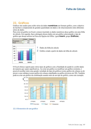 Folha de Cálculo
Folha de Cálculo |pág. 187
22. Gráficos
Gráficos são usados para exibir séries de dados numéricos em formato gráfico, com o objetivo
de facilitar a compreensão de grandes quantidades de dados e do relacionamento entre diferentes
séries de dados.
Para criar um gráfico no Excel, comece inserindo os dados numéricos desse gráfico em uma folha
de cálculo. Em seguida, faça a plotagem desses dados em um gráfico selecionando o tipo de
gráfico que deseja utilizar na Faixa de Opções do Office (guia Inserir, grupo Gráficos).
Dados da folha de cálculo
Gráfico criado a partir de dados da folha de cálculo
O Excel oferece suporte para vários tipos de gráficos com a finalidade de ajudá-lo a exibir dados
de maneira que sejam significativas. Ao criar um gráfico ou modificar um gráfico existente, é
possível escolher entre uma grande variedade de tipos de gráficos (como gráfico de colunas ou de
pizza) e seus subtipos (como gráfico de colunas empilhadas ou gráfico de pizza em 3D). Também
pode-se criar um gráfico de combinação usando mais de um tipo de gráfico, como este exemplo:
22.1 Elementos de um gráfico
 