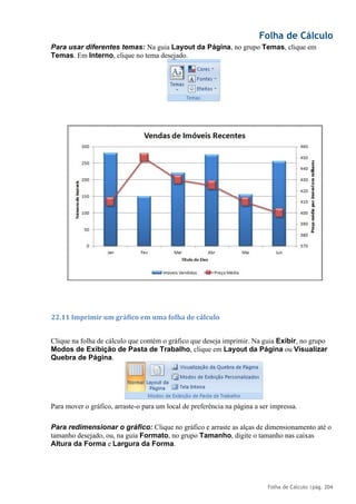 Folha de Cálculo
Folha de Cálculo |pág. 204
Para usar diferentes temas: Na guia Layout da Página, no grupo Temas, clique em
Temas. Em Interno, clique no tema desejado.
22.11 Imprimir um gráfico em uma folha de cálculo
Clique na folha de cálculo que contém o gráfico que deseja imprimir. Na guia Exibir, no grupo
Modos de Exibição de Pasta de Trabalho, clique em Layout da Página ou Visualizar
Quebra de Página.
Para mover o gráfico, arraste-o para um local de preferência na página a ser impressa.
Para redimensionar o gráfico: Clique no gráfico e arraste as alças de dimensionamento até o
tamanho desejado, ou, na guia Formato, no grupo Tamanho, digite o tamanho nas caixas
Altura da Forma e Largura da Forma.
 