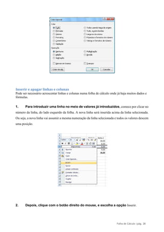 Folha de Cálculo |pág. 28
Inserir e apagar linhas e colunas
Pode ser necessário acrescentar linhas e colunas numa folha de cálculo onde já haja muitos dados e
fórmulas.
1. Para introduzir uma linha no meio de valores já introduzidos, comece por clicar no
número da linha, do lado esquerdo da folha. A nova linha será inserida acima da linha selecionada.
Ou seja, a nova linha vai assumir a mesma numeração da linha selecionada e todos os valores descem
uma posição.
2. Depois, clique com o botão direito do mouse, e escolha a opção Inserir.
 