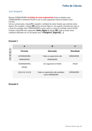 Folha de Cálculo
Folha de Cálculo |pág. 68
4.6.2 Função E
Retorna VERDADEIRO se todos os seus argumentos forem avaliados como
VERDADEIRO e retornará FALSO se um ou mais argumentos forem avaliados como
FALSO.
Um uso comum para a função E é expandir a utilidade de outras funções que realizam testes
lógicos. Por exemplo, a função SE realiza um teste lógico e, em seguida, retornará um valor se
o teste for avaliado como VERDADEIRO e outro valor se o teste for avaliado como FALSO.
Usando a função E como argumento teste_lógico da função SE, pode-se testar várias
condições diferentes em vez de apenas uma. = E(lógico1, [lógico2], ...)
Exemplo 1
1
2
3
4
A B C
Fórmula Descrição Resultado
=E(VERDADEIRO,
VERDADEIRO)
Todos os argumentos são
VERDADEIRO
VERDADEIRO
=E(VERDADEIRO,
FALSO)
Um argumento é FALSO FALSO
=E(2+2=4, 2+3=5) Todos os argumentos são avaliados
como VERDADEIRO
VERDADEIRO
Exemplo 2:
 