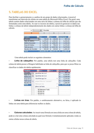 Folha de Cálculo
Folha de Cálculo |pág. 71
5.TABELAS DO EXCEL
Para facilitar o gerenciamento e a análise de um grupo de dados relacionados, é possível
transformar um intervalo de células em uma tabela do Microsoft Office Excel. Em geral, uma
tabela contém dados relacionados em uma série de linhas e colunas de folha de cálculo que são
formatadas como uma tabela. Ao usar os recursos de tabela, é possível gerenciar os dados nas
linhas e colunas da tabela independentemente dos dados em outras linhas e colunas da folha de
cálculo.
Uma tabela pode incluir os seguintes elementos:
• Linha de cabeçalho: Por padrão, uma tabela tem uma linha de cabeçalho. Cada
coluna de tabela possui a filtragem habilitada na linha de cabeçalho, para que se possa filtrar ou
classificar os dados de tabela rapidamente.
• Linhas em tiras: Por padrão, o sombreamento alternativo, ou faixa, é aplicado às
linhas em uma tabela para diferenciar melhor os dados.
• Colunas calculadas: Ao inserir uma fórmula em uma célula em uma coluna de tabela,
pode-se criar uma coluna calculada na qual essa fórmula é instantaneamente aplicada a todas as
outras células nessa coluna de tabela.
 