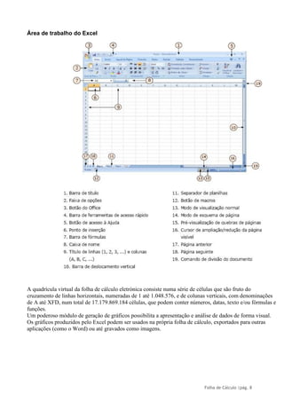 Folha de Cálculo |pág. 8
Área de trabalho do Excel
A quadrícula virtual da folha de cálculo eletrónica consiste numa série de células que são fruto do
cruzamento de linhas horizontais, numeradas de 1 até 1.048.576, e de colunas verticais, com denominações
de A até XFD, num total de 17.179.869.184 células, que podem conter números, datas, texto e/ou fórmulas e
funções.
Um poderoso módulo de geração de gráficos possibilita a apresentação e análise de dados de forma visual.
Os gráficos produzidos pelo Excel podem ser usados na própria folha de cálculo, exportados para outras
aplicações (como o Word) ou até gravados como imagens.
 