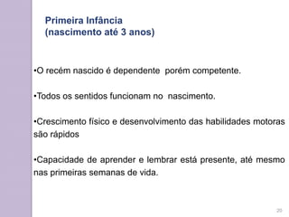 Primeira Infância
(nascimento até 3 anos)
•O recém nascido é dependente porém competente.
•Todos os sentidos funcionam no nascimento.
•Crescimento físico e desenvolvimento das habilidades motoras
são rápidos
•Capacidade de aprender e lembrar está presente, até mesmo
nas primeiras semanas de vida.
20
 
