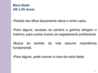 •Partida dos filhos tipicamente deixa o ninho vazio.
•Para alguns, sucesso na carreira e ganhos atingem o
máximo; para outros ocorre um esgotamento profissional.
•Busca do sentido da vida assume importância
fundamental.
•Para alguns, pode ocorrer a crise da meia idade.
Meia Idade
(40 a 65 anos)
29
 
