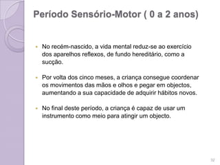 Período Sensório-Motor ( 0 a 2 anos)
 No recém-nascido, a vida mental reduz-se ao exercício
dos aparelhos reflexos, de fundo hereditário, como a
sucção.
 Por volta dos cinco meses, a criança consegue coordenar
os movimentos das mãos e olhos e pegar em objectos,
aumentando a sua capacidade de adquirir hábitos novos.
 No final deste período, a criança é capaz de usar um
instrumento como meio para atingir um objecto.
32
 