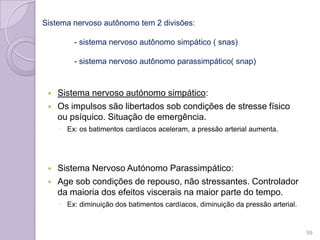 Sistema nervoso autônomo tem 2 divisões:
- sistema nervoso autônomo simpático ( snas)
- sistema nervoso autônomo parassimpático( snap)
 Sistema nervoso autónomo simpático:
 Os impulsos são libertados sob condições de stresse físico
ou psíquico. Situação de emergência.
◦ Ex: os batimentos cardíacos aceleram, a pressão arterial aumenta.
 Sistema Nervoso Autónomo Parassimpático:
 Age sob condições de repouso, não stressantes. Controlador
da maioria dos efeitos viscerais na maior parte do tempo.
◦ Ex: diminuição dos batimentos cardíacos, diminuição da pressão arterial.
59
 