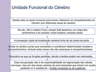 Unidade Funcional do Cérebro
Desde cedo os seres humanos procuraram relacionar os comportamentos do
Homem com diferentes áreas do cérebro;
No séc. XIX o médico Franz Joseph Gall desenhou um mapa dos
sentimentos e do carácter, onde localizou variadas áreas;
A concepção rígida de localização cerebral tinha de ser posta de parte;
Existe no cérebro zonas que comandam e coordenam determinadas funções e
comportamentos, contudo estas áreas não são estanques e compartimentadas;
Descobriu-se que as funções perdidas, devido a lesões podem ser retomadas;
Essa recuperação não é da responsabilidade da regeneração das células
nervosas, mas sim das áreas vizinhas da zona lesionada que entram em acção
podendo vir a substitui-la – função vicariante ou de suplência.
73
 
