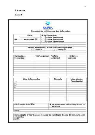 13
7 Anexos
Anexo 1
Formulário de solicitação de data de formatura
Curso
……………………………
no………… semestre de 20…..
Nº de Formandos ( )
( ) Curso de 8 semestres
( ) Curso de 9 semestres
( ) Curso de 10 semestres
Período do término da matriz curricular integralizada
( ) 1ºsem 20... ( ) 2ºsem 201....
Comissão de
Formandos
Telefone celular Telefone
residencial
Endereço
eletrônico
Lista de Formandos Matrícula Integralização
(% nesta data)
01.
02.
03.
Confirmação do DERCA Nº de alunos com matriz integralizada no
.... semestre
DATA:
Comunicação à Coordenação do curso da solicitação de data de formatura pelos
estudantes
DATA:
 