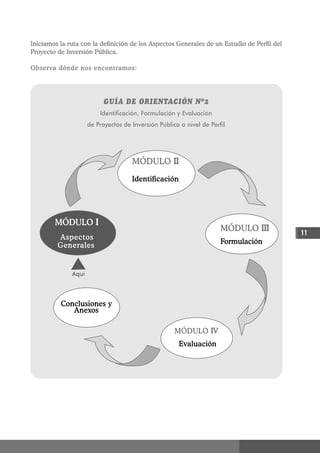 Iniciamos la ruta con la definición de los Aspectos Generales de un Estudio de Perfil del
Proyecto de Inversión Pública.

Observa dónde nos encontramos:




                           GUÍA DE ORIENTACIÓN Nº2
                         Identificación, Formulación y Evaluación
                     de Proyectos de Inversión Pública a nivel de Perfil




                                     MÓDULO II

                                     Identificación




        MÓDULO I
                                                                      MÓDULO III
                                                                                            11
         Aspectos
                                                                      Formulación
         Generales


              Aquí



          Conclusiones y
             Anexos

                                                     MÓDULO IV
                                                      Evaluación
 