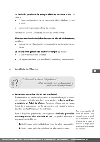 La limitada provisión de energía eléctrica durante el día se
                   debe a:
                       El desaprovechamiento de los sistemas de electricidad cercanos a
                       la zona.

                         La insuficiente generación local de energía.

                   Para leer las Causas Directas se procede de similar forma:

                   El desaprovechamiento de los sistemas de electricidad cercanos
                   se debe a:
                       La ausencia de infraestructura para conectarse a estos sistemas cer-
                       canos.

                   La insuficiente generación local de energía se debe a:
                       El uso de combustibles costosos.

                         Los ingresos tarifarios que no cubren la operación y mantenimiento.



         4.        Análisis de Efectos
                                                                                                                                         29


                             ¿Cuáles son los efectos del problema?
                                                    ¿Qué sucederá en el mediano plazo si
                                                            no se soluciona el problema?



                    ¿Cómo encontrar los Efectos del Problema?
                    Para encontrar los efectos del problema se recomienda seguir el mismo
                    procedimiento utilizado para las causas, es decir: la lluvia de ideas
                    y construir un Árbol de efectos. Asimismo, al igual que las causas,
                    luego de la depuración y de la agrupación, será necesario separar
                    aquellos Efectos Directos, de los Indirectos.
                                                                                                         Para el caso específico del
                    Para el Problema presentado como ejemplo "limitada provisión                         árbol de efectos, será
                    de energía eléctrica durante el día", se podría elaborar la                          necesario cerrar el árbol
                    siguiente lista de Efectos:                                                          con un efecto final, es decir
                                                                                                         el efecto que se espera a
                         1. Restricciones en la calidad de servicios de salud y educación.               mediano o largo plazo
                                                                                                         producto de la no solución
                         2. Restricciones en la disponibilidad de telecomunicaciones.                    del problema.




IDENTIFICACIÓN,   FORMULACIÓN Y EVALUACIÓN DE PROYECTOS DE INVERSIÓN PÚBLICA A NIVEL DE PERFIL   GUÍA   DE ORIENTACIÓN   N°2
 